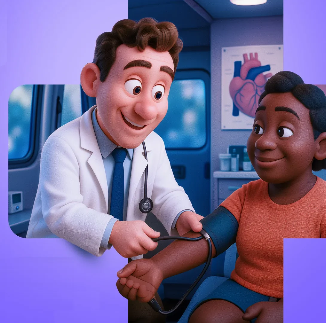 Ilustração do KV: o médico do CUIDAR mede a pressão de uma participante dentro da carreta.